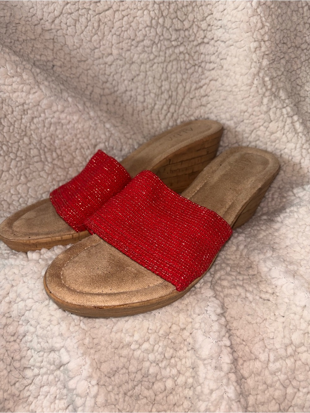 ALDA Made in Italy Red Metallic Wedge Slide Sandals Cork Platform Size 7 US
